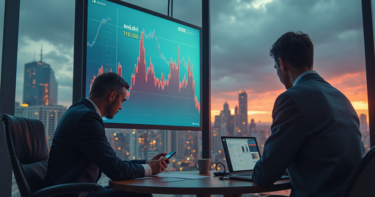Uma cidade em crise econômica com gráficos caindo e investidores preocupados na cena. Nuvens escuras retratam a incerteza financeira.
