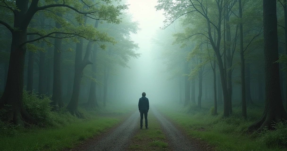 Pessoa parada em uma estrada bifurcada olhando para o horizonte incerto 