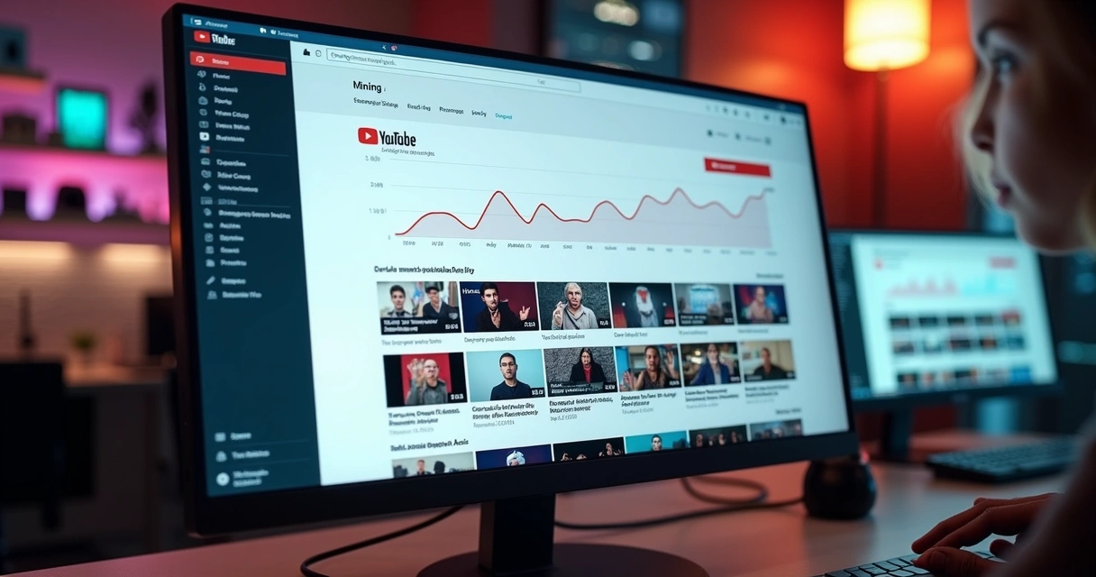 Tela de computador mostrando painel de controle com gráficos de anúncios dinâmicos do YouTube e ícones de vídeos antigos rodando anúncios 