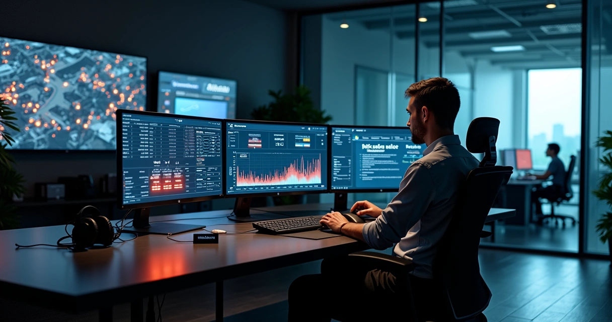 Security officer monitoring employee access logs in a dark control room 