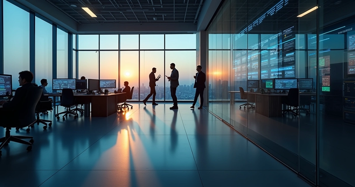 Corporate office panoramic view with employee shadows forming warning symbols 