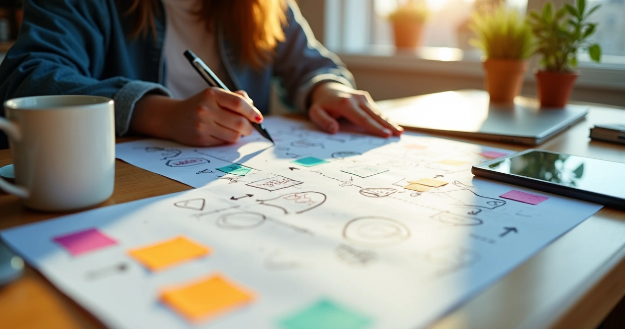 Person mapping thoughts and emotions on paper at a table 