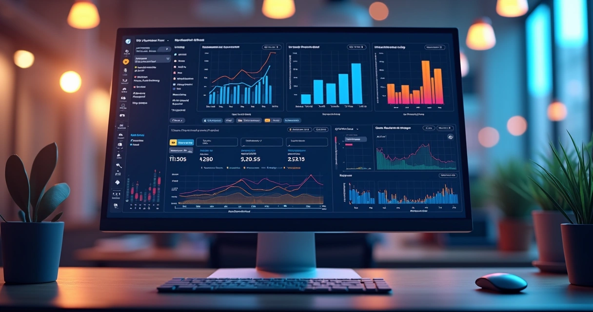 Painéis de análise com gráficos interativos em tela de computador 