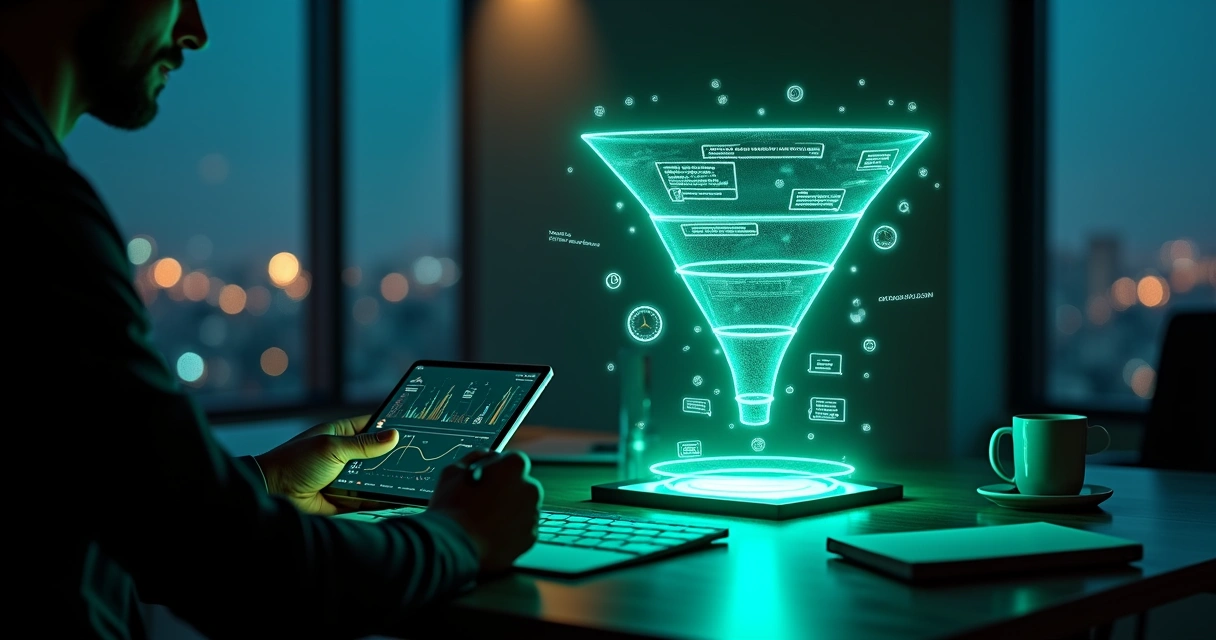 Gestor observa holograma em forma de funil de vendas saindo de um smartphone 