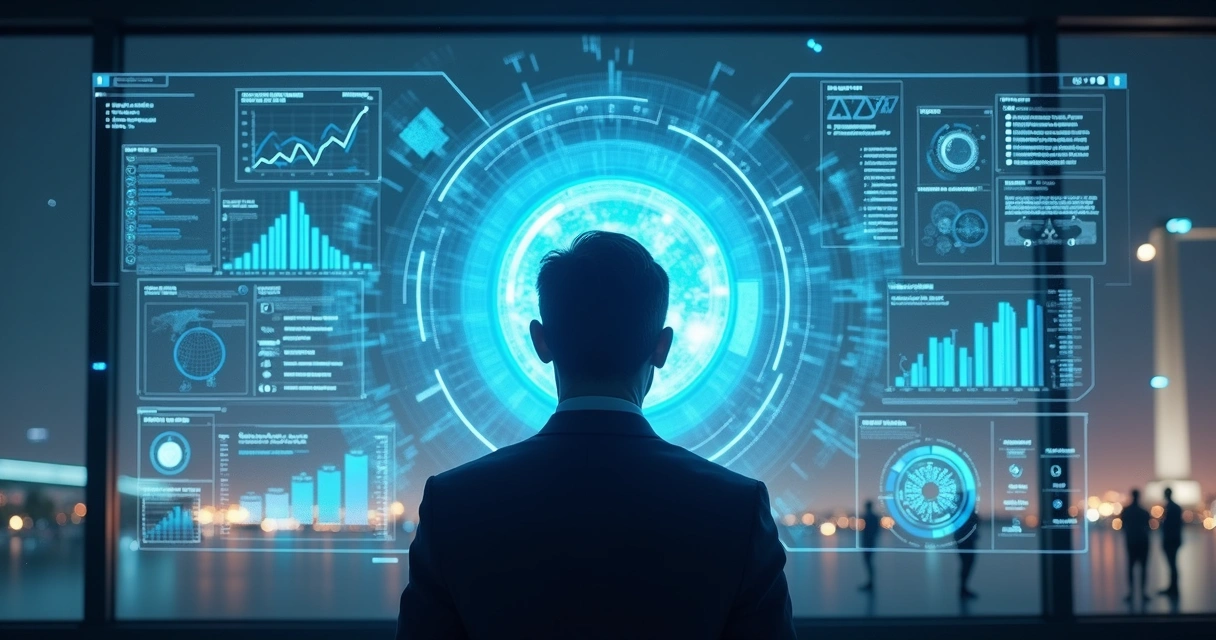Agente virtual analisando dados e gerando insights em painel digital 