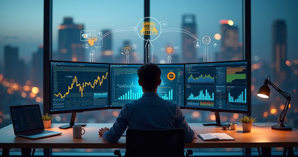 Profissional analisando painel de dados transformados em insights visuais 