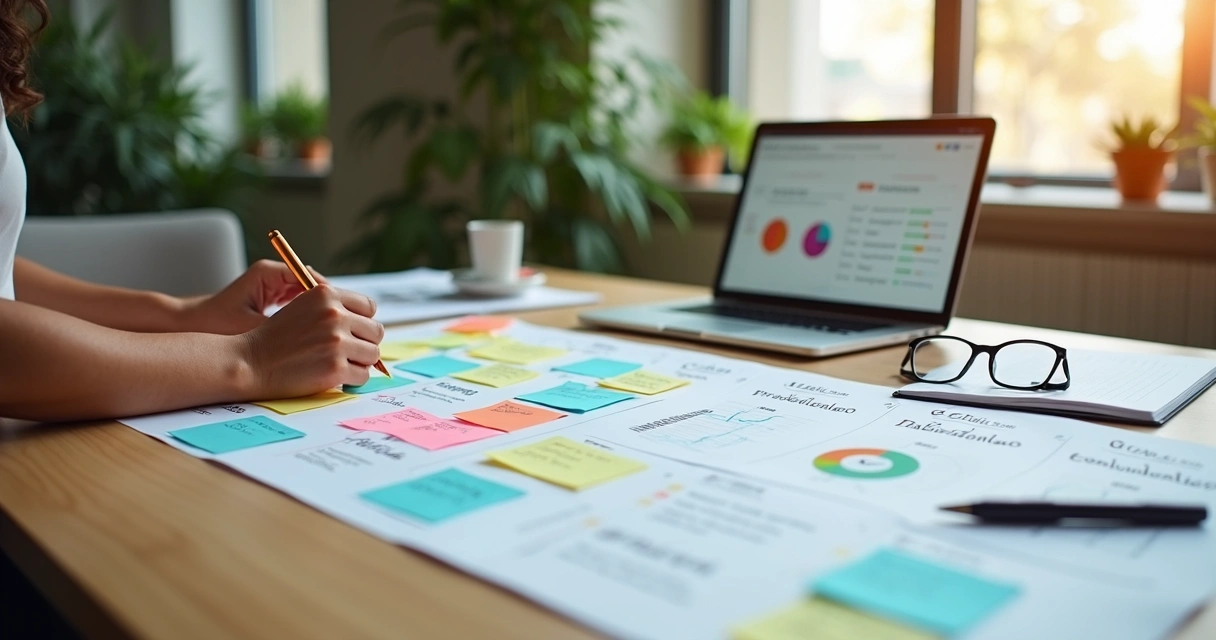 Mãos organizando post-its coloridos em quadro kanban com gráficos de pesquisa ao fundo 