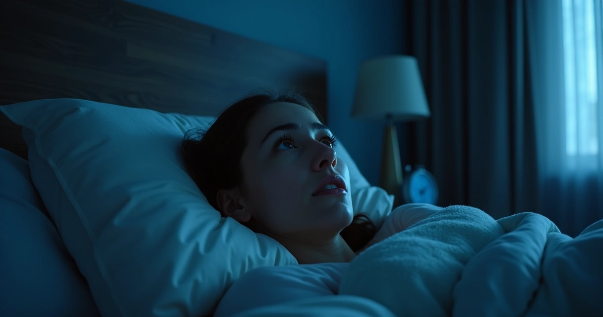 Pessoa deitada, olhos abertos, olhando para o teto 