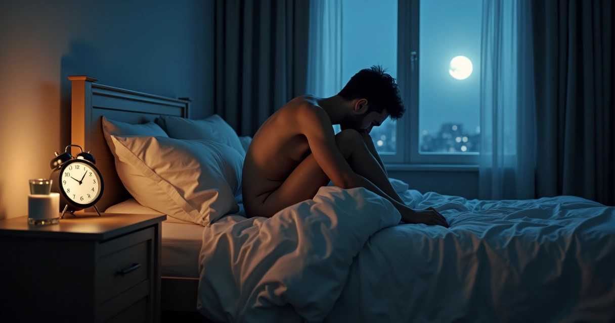 Pessoa sentada na cama durante a noite com expressão cansada