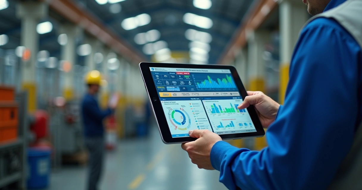 Tablet mostrando sistema de inspeção 5S com IA em fábrica 