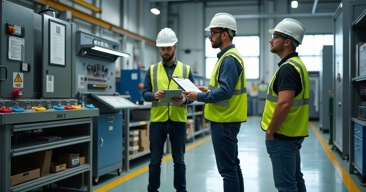 Equipe de manutenção realizando inspeção 5S em área industrial organizada 