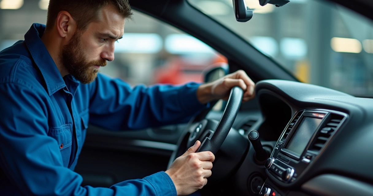 Mecânico usando lanterna inspeciona painel de carro 