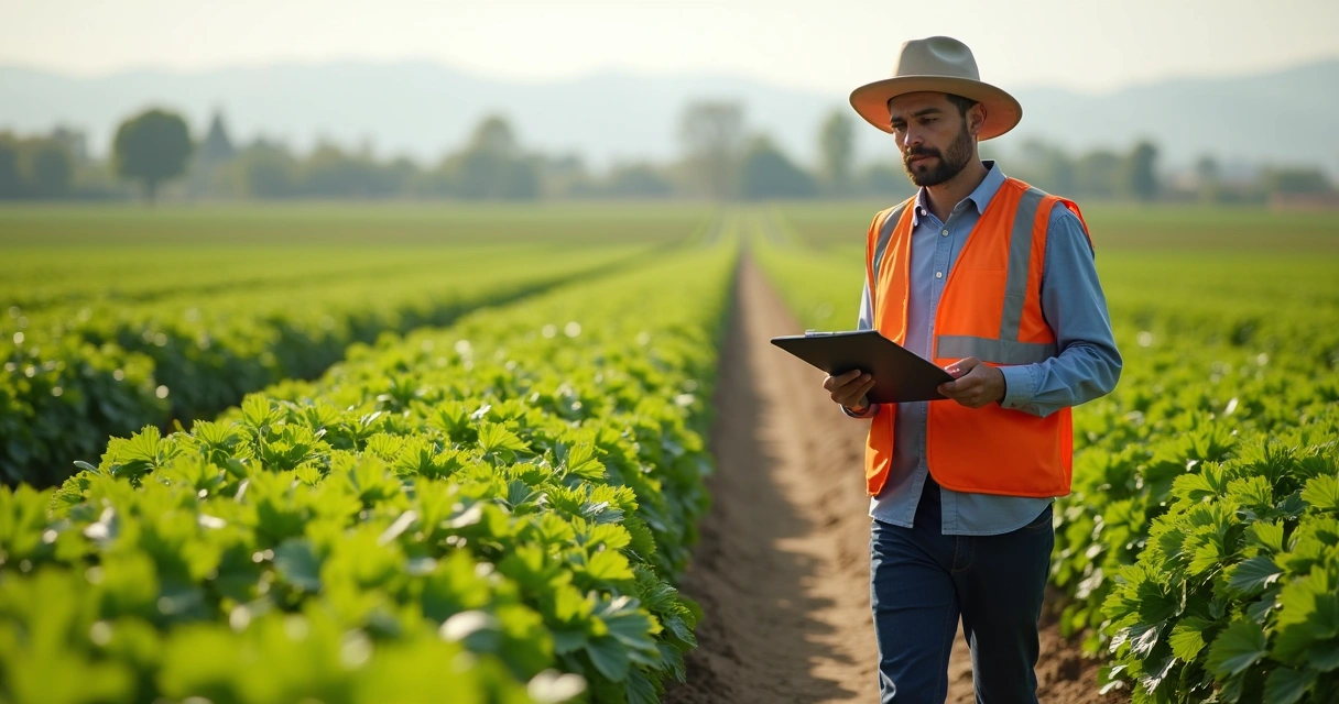 Auditor agrícola vistoriando plantação com planilha
