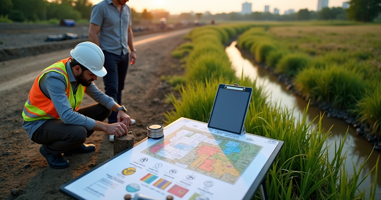 Engenheiros inspecionando terreno industrial com checklist ambiental em área verde 
