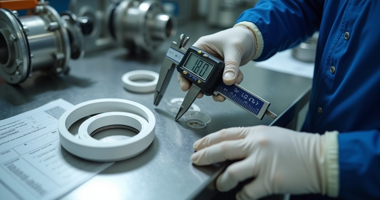 Inspeção de anel de vedação em PTFE com paquímetro 