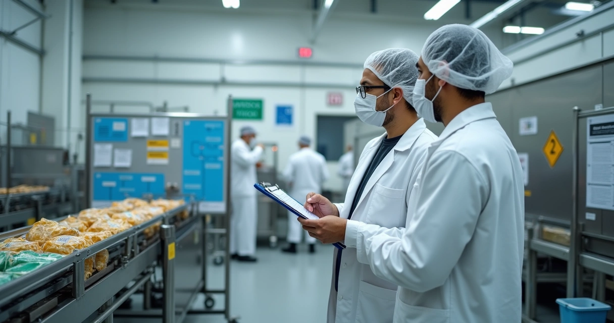 Auditor vistoriando linha de produção de alimentos em fábrica limpa e organizada 