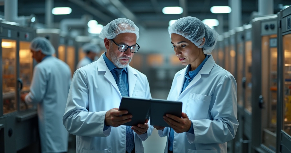 Inspetores auditando fábrica de alimentos com computadores registrando dados de produção. 