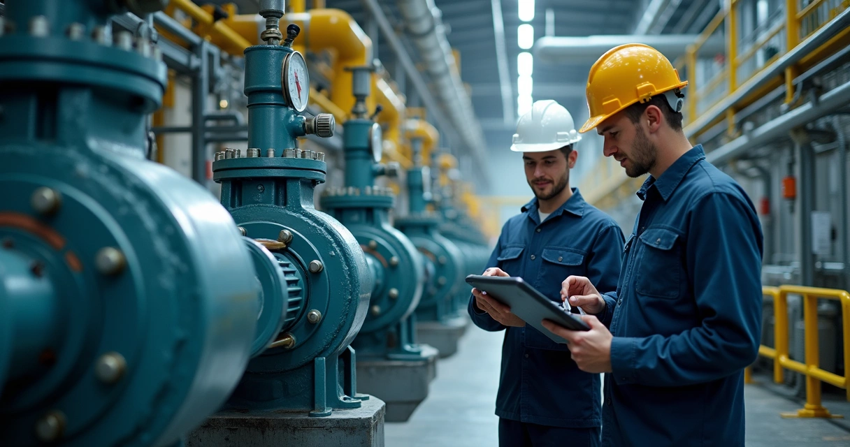 Inspeção de ativo crítico em ambiente industrial com técnico e tablet 