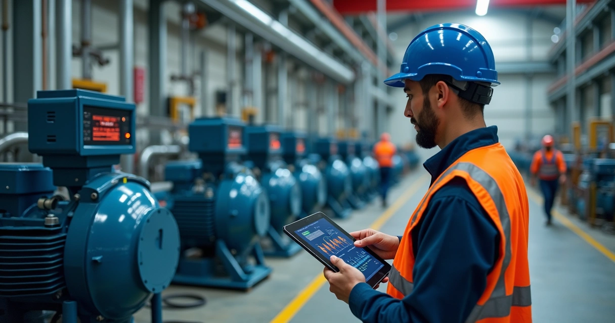 Técnico inspecionando equipamento com tablet em área industrial 