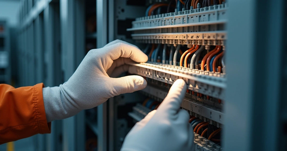 Técnico inspecionando barramento revestido em painel industrial 