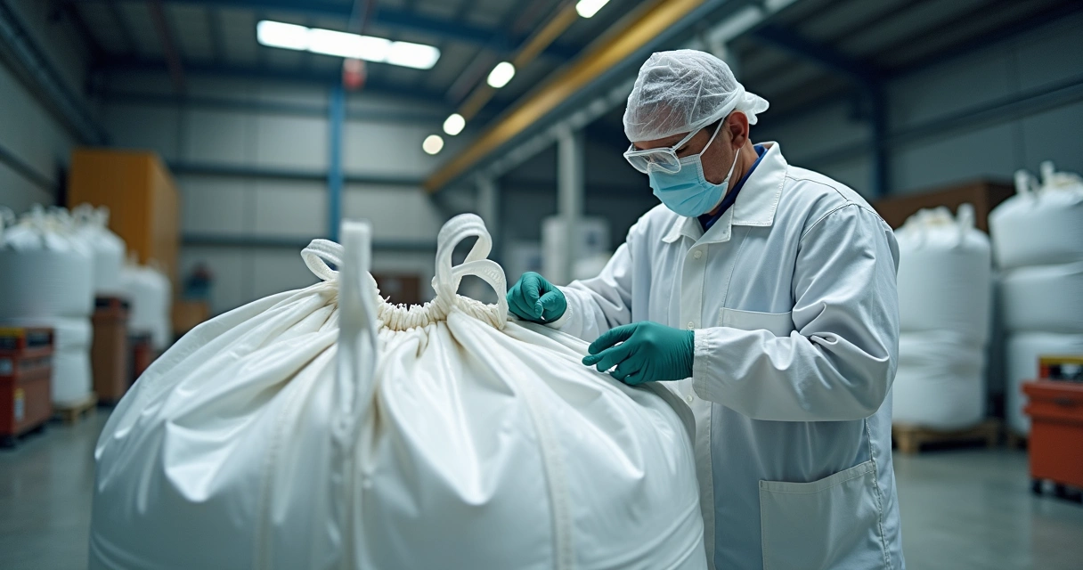 Profissional inspecionando big bag em galpão industrial 