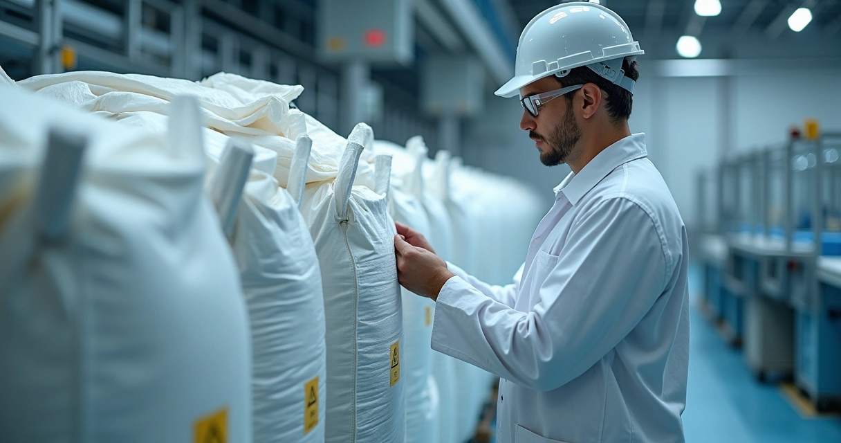 Técnico inspecionando big bags em ambiente industrial limpo 