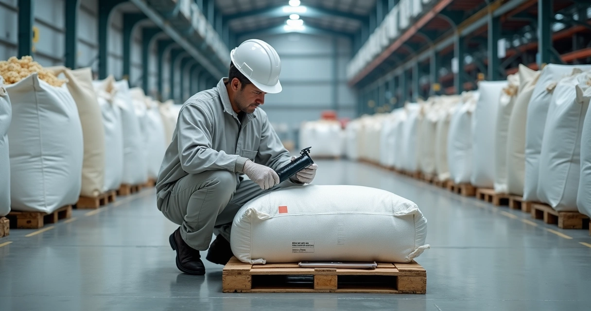 Técnico inspecionando detalhes de big bag reciclado em galpão de armazenamento 