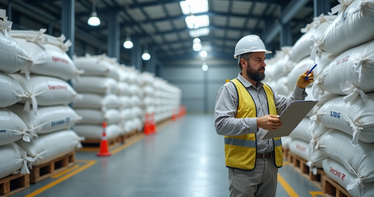 Supervisor inspecionando big bags empilhados em armazém industrial 