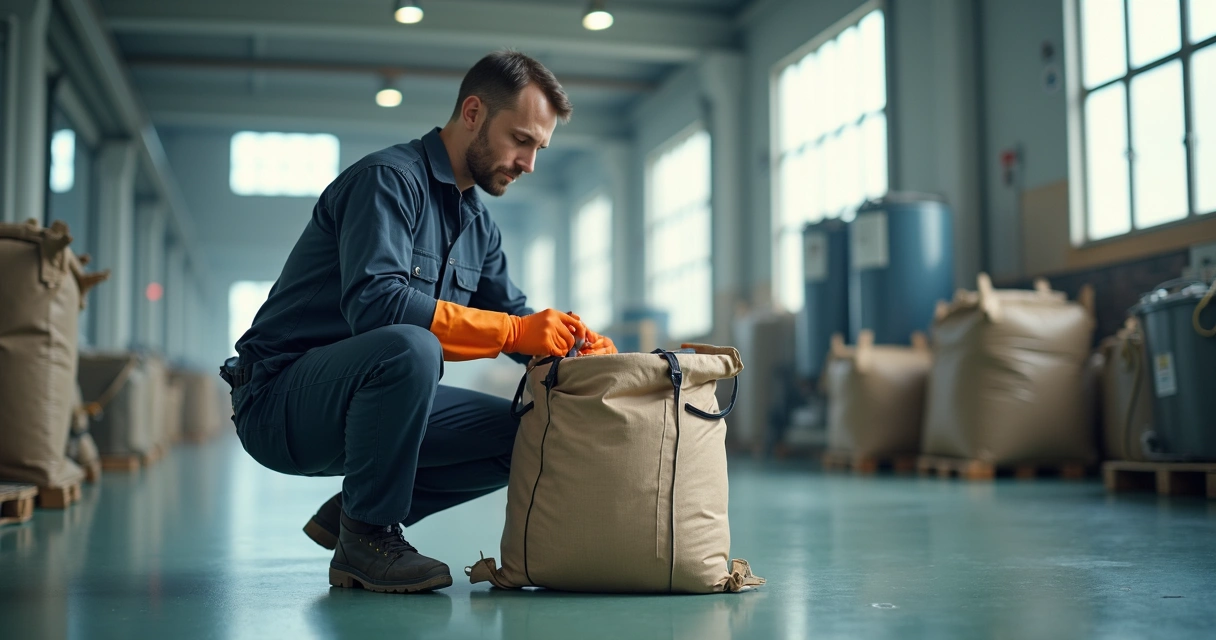 Pessoa inspecionando costura e alça de big bag antes do uso 