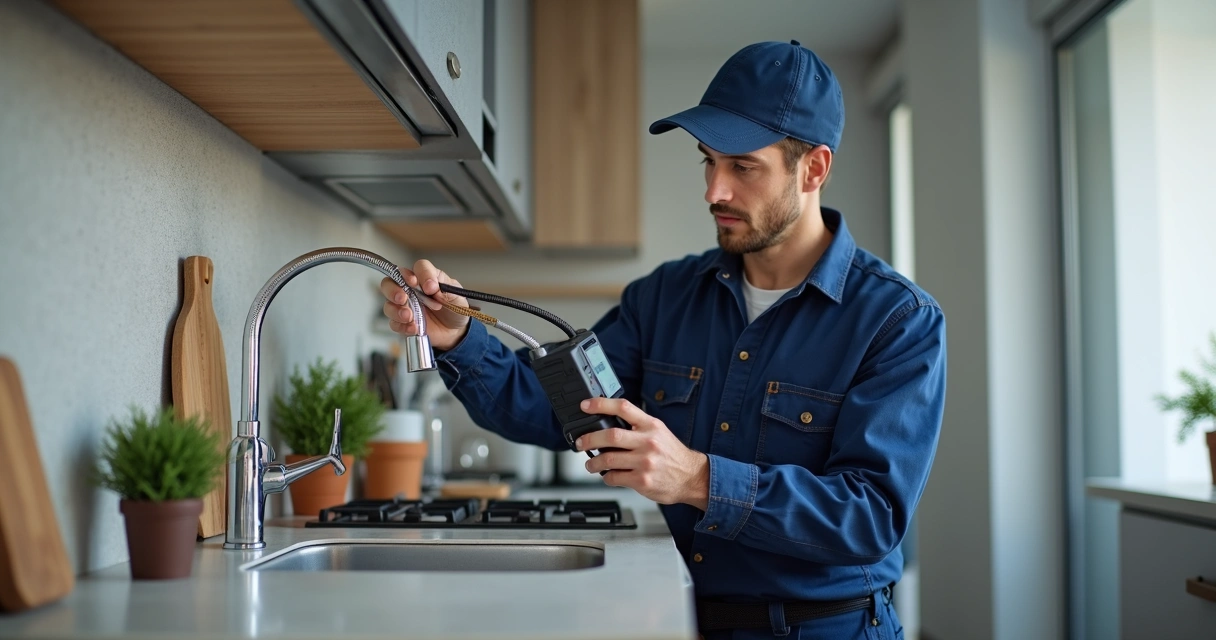Técnico a usar câmara de inspeção em canos 