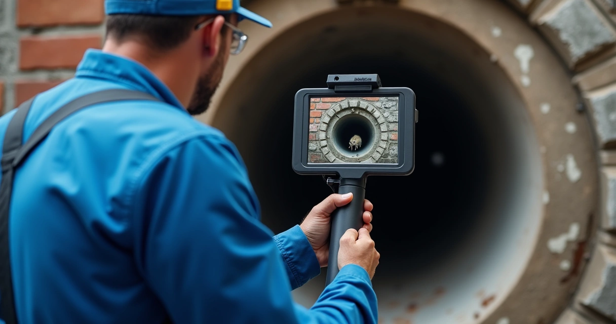 Técnico usa câmara para inspeção de cano de esgoto 