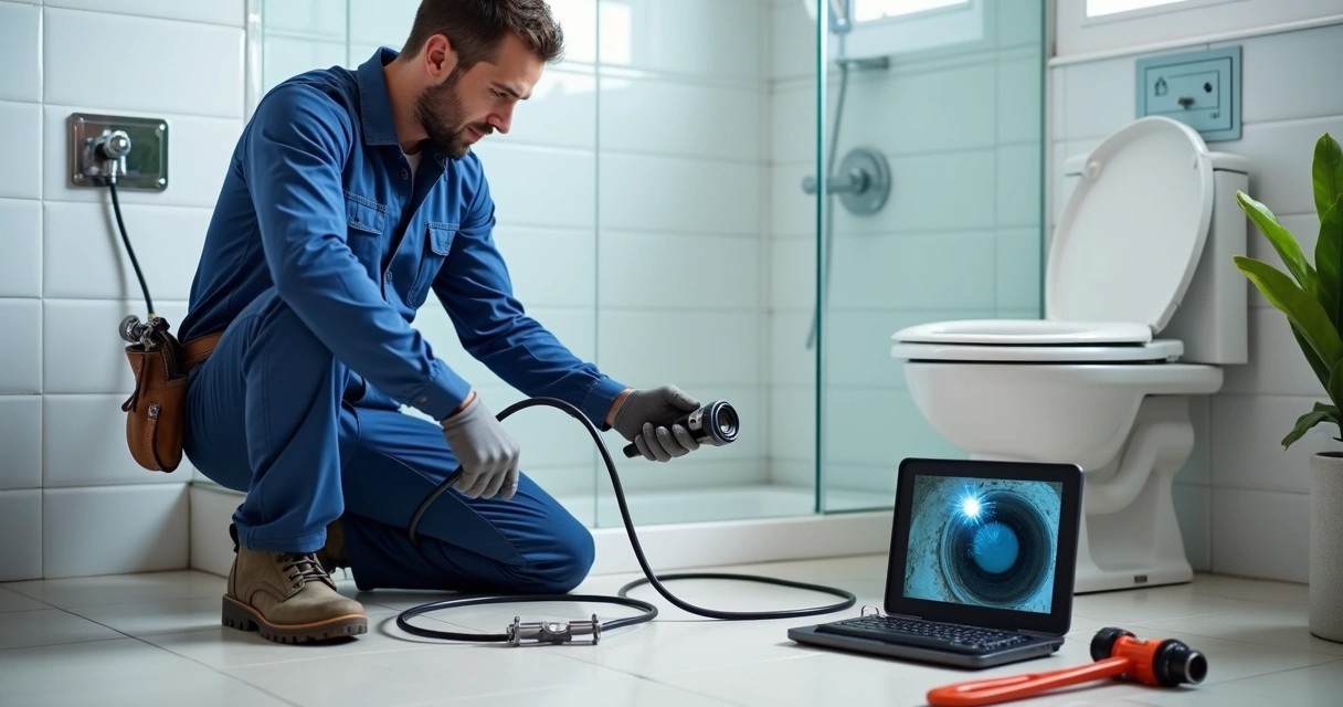 Técnico usando câmera de inspeção em canos de uma casa 