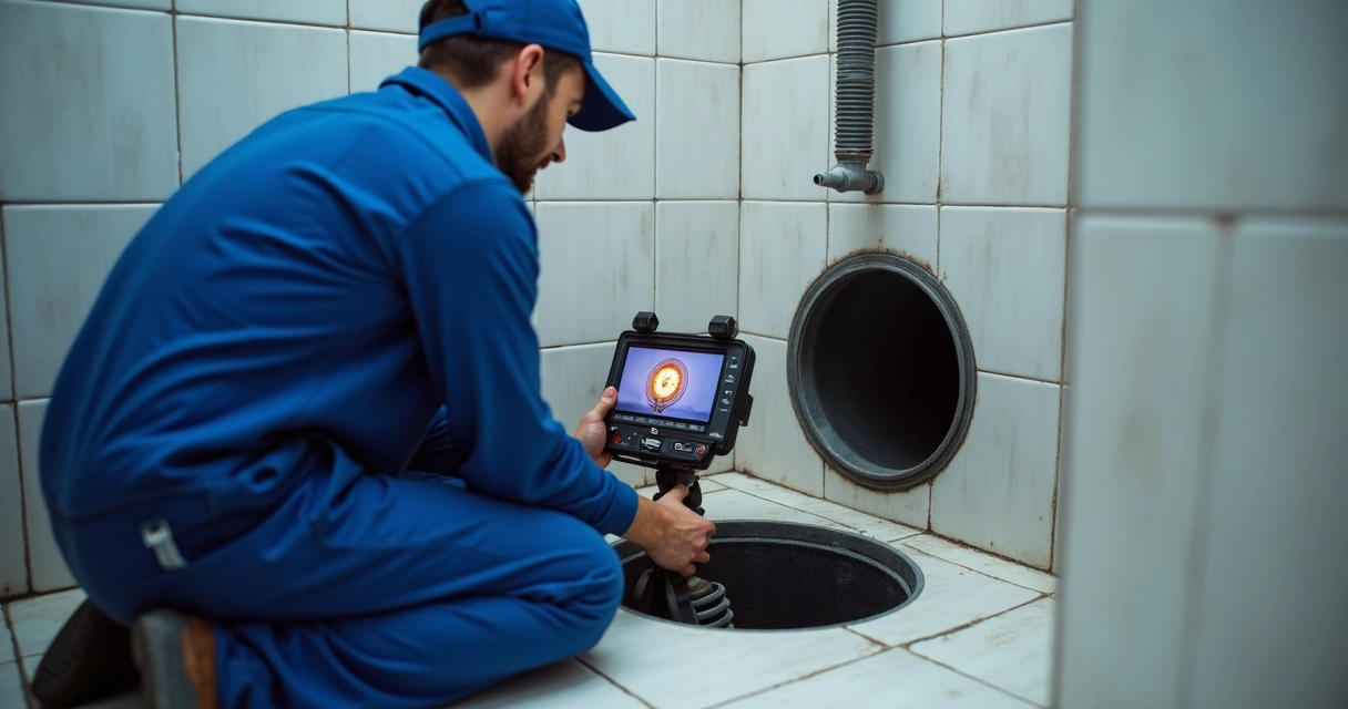 Técnico a inspecionar canalização com câmara de vídeo 