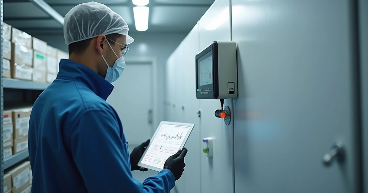 Técnico inspecionando sensor em câmara fria
