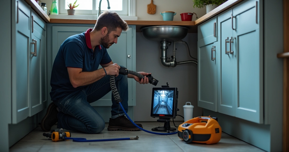 Técnico inspecionando cano com câmera de esgoto 