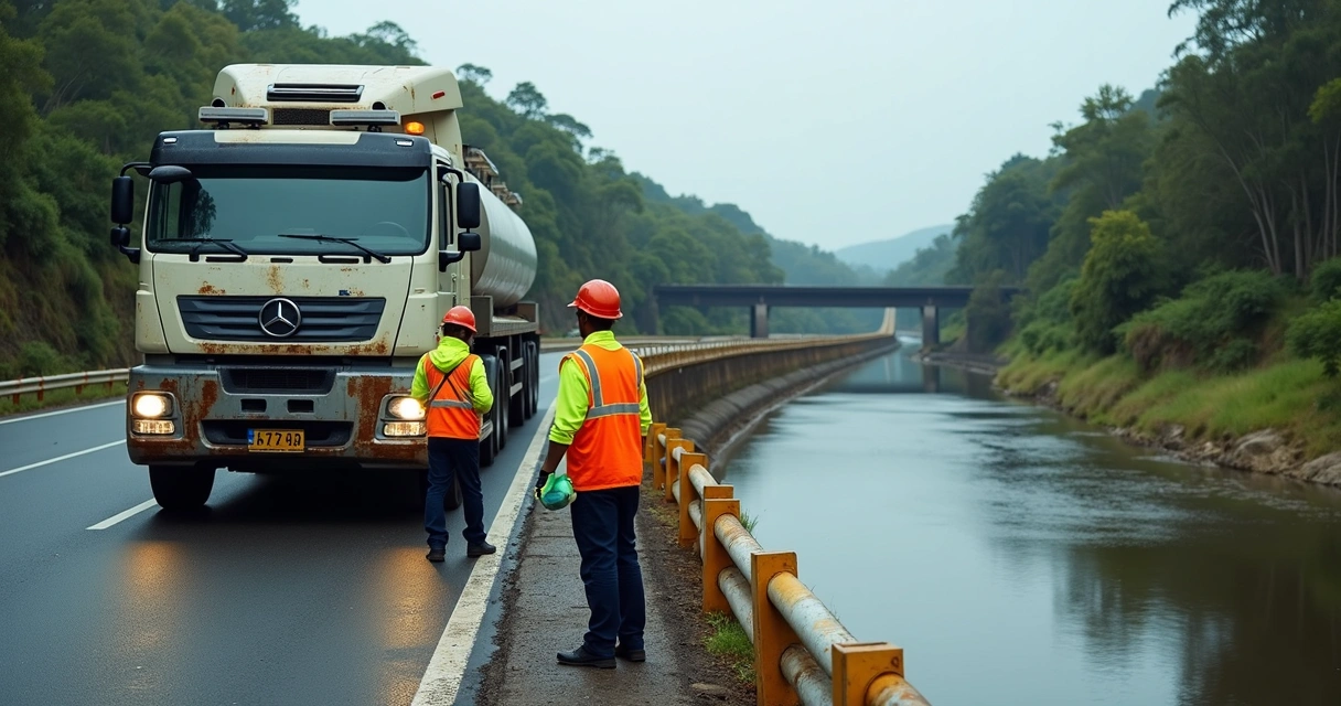 Técnicos inspecionando caminhão após acidente em ponte rural 