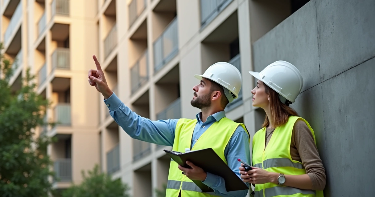 Assistente técnico em campo analisando estrutura de edifício durante perícia judicial 