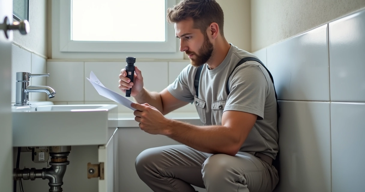Técnico a inspecionar canalização numa casa de banho 