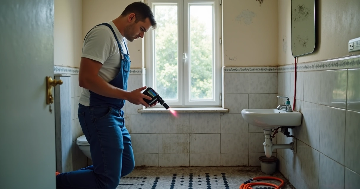 Técnico a inspeccionar humidade numa parede interior 