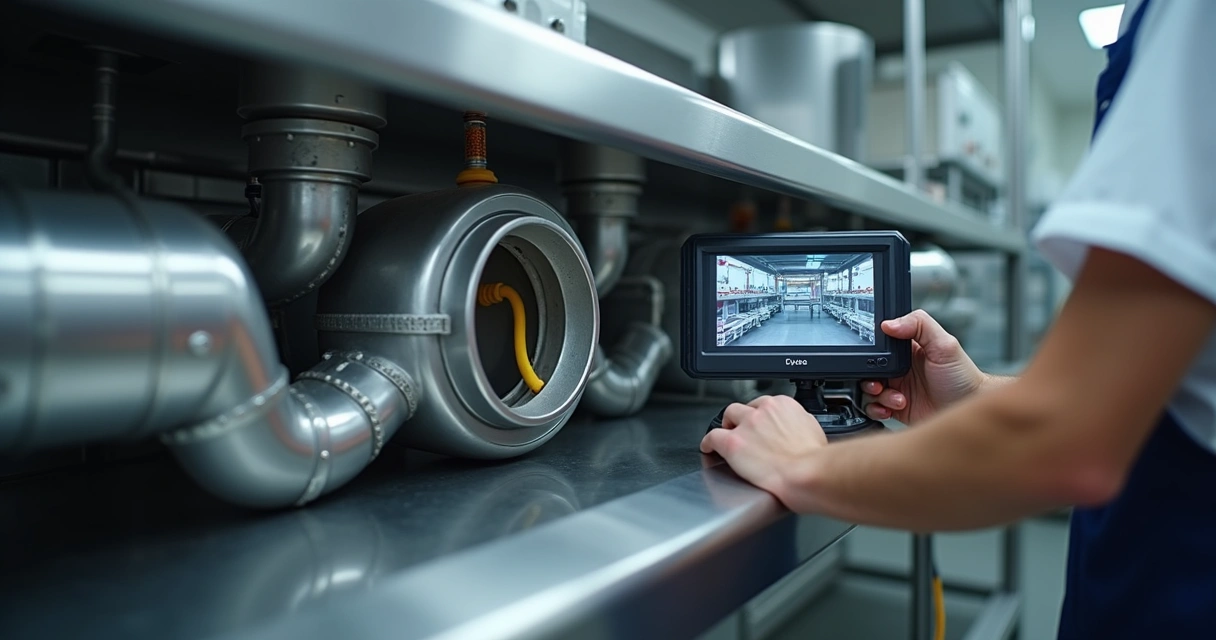 Técnico faz inspeção com câmara nos canos da cozinha 