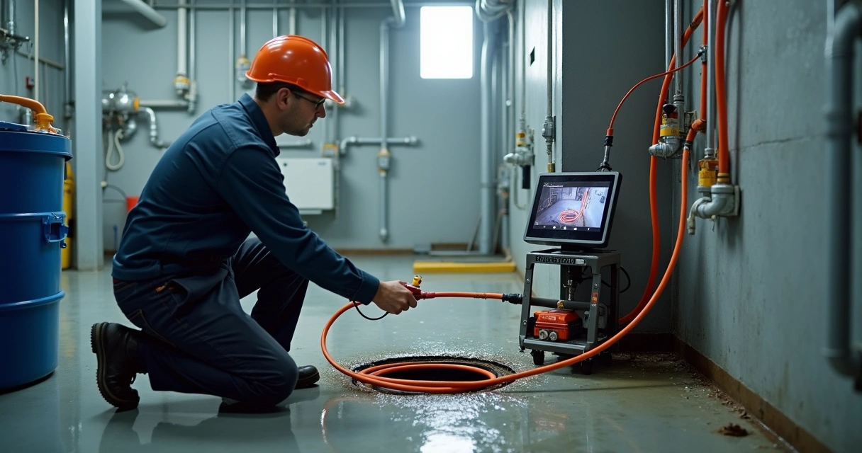 Técnico a inspeccionar canos com câmara 