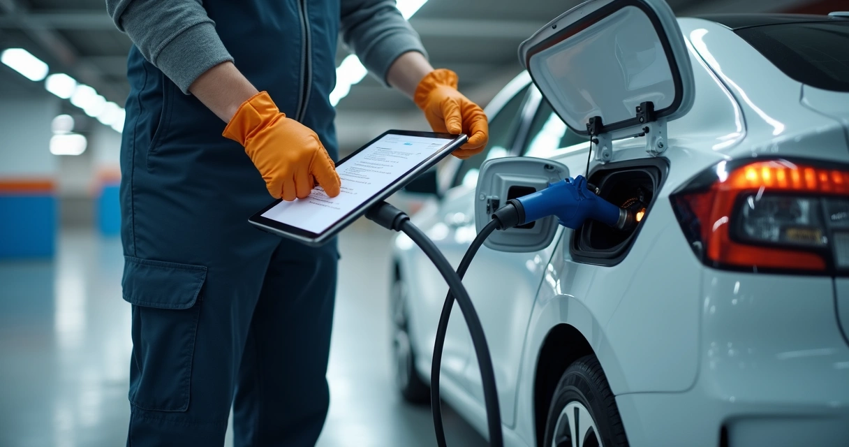 Técnico inspecionando carregador elétrico em estacionamento