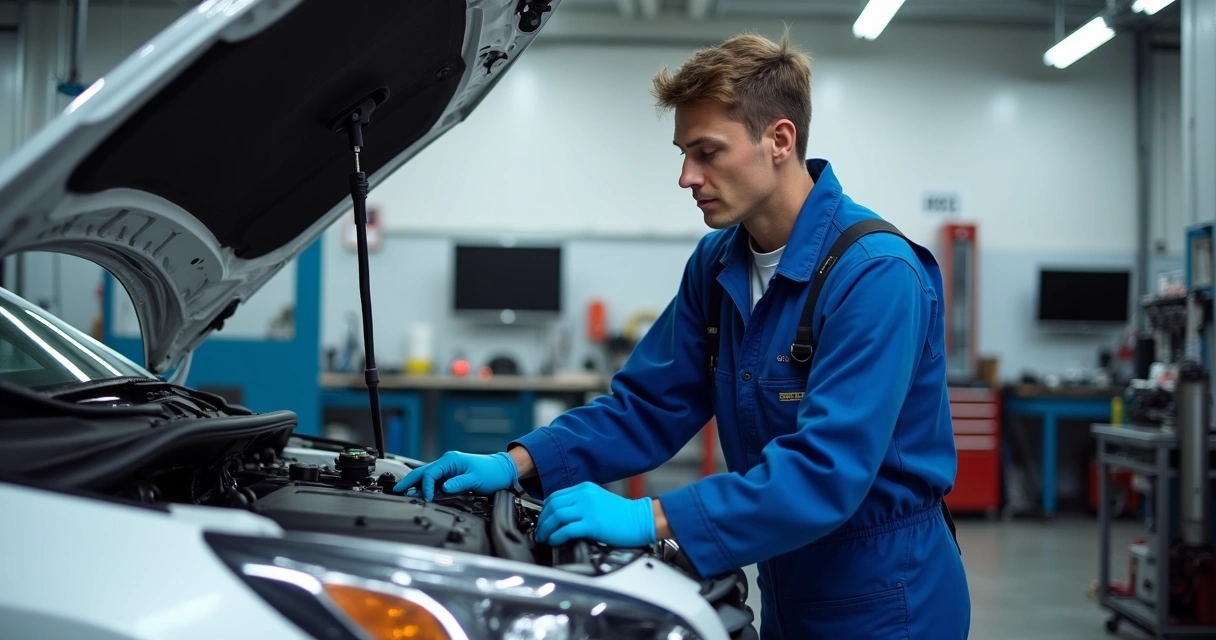 Mecânico faz inspeção no compartimento do motor antes de viagem 