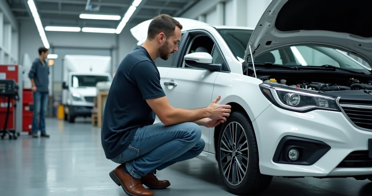 Homem analisando motor de carro aberto em oficina automotiva 