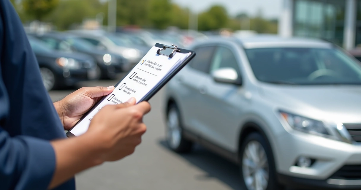 Pessoa inspecionando carro seminovo em estacionamento 