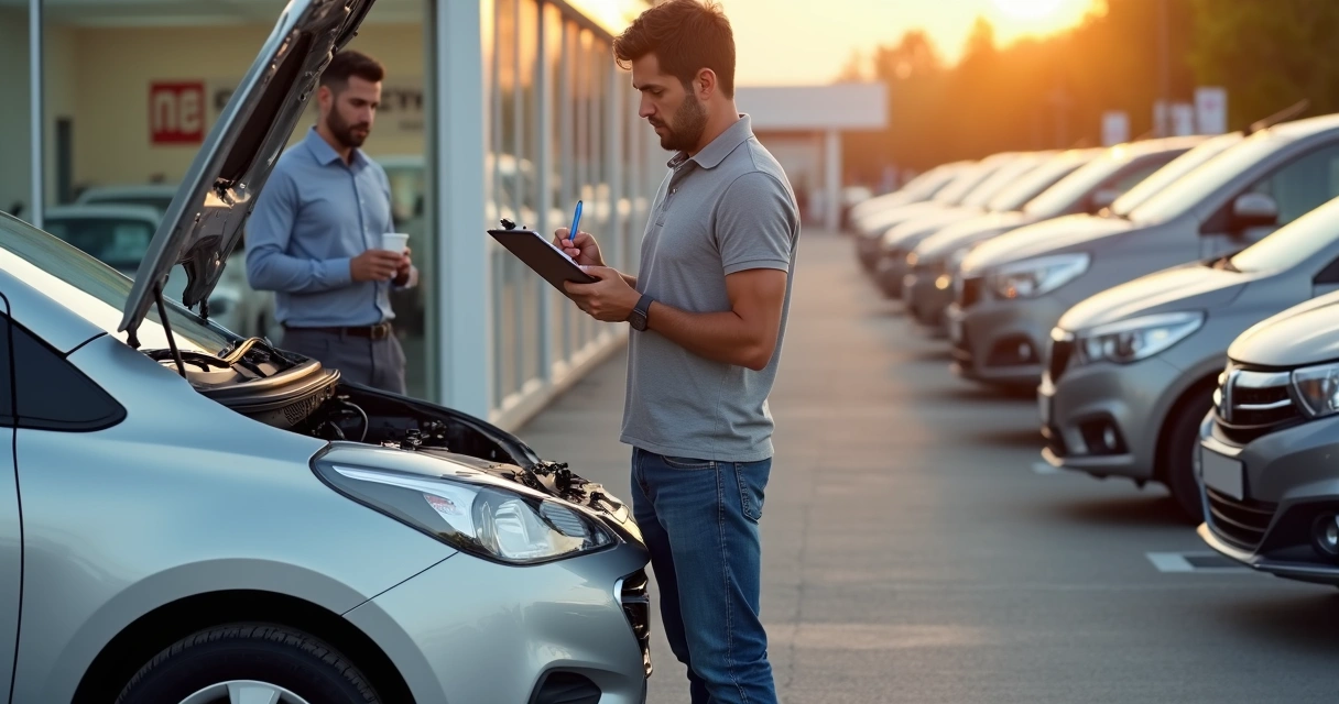 Comprador avaliando carro seminovo com checklist em mãos 
