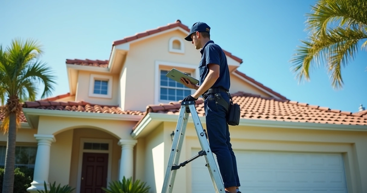 Técnico de inspeção examinando telhado de uma casa nos EUA