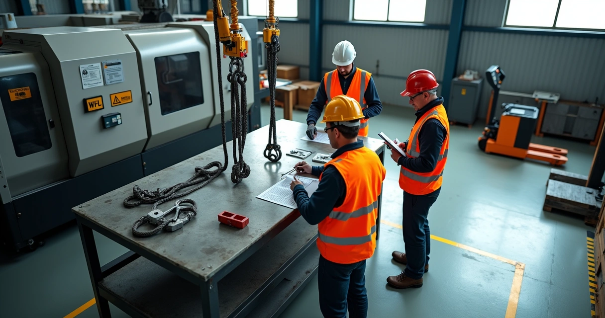 Equipe conferindo cintas e manilhas ao lado de máquina industrial