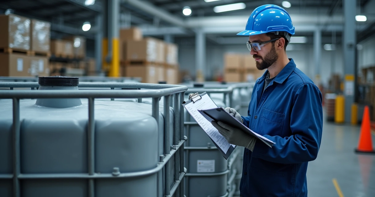 Técnico inspecionando container 1000L com checklist