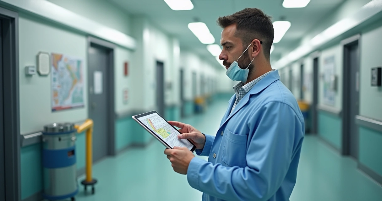 Como o controle de pragas reduz riscos em hospitais veterinários 2 Profissional analisa controle de pragas em hospital veterinário no Rio de Janeiro, usando tablet e equipamentos modernos